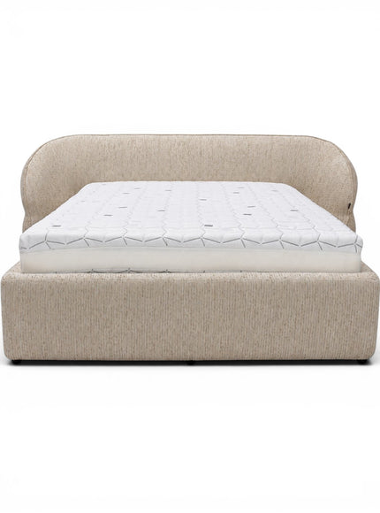 Cresta upholstered bed in beige fabric with curved wrap-around headboard, 160 × 200 cm modern bed frame with mattress base.