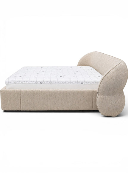 Cresta upholstered bed in beige fabric with curved wrap-around headboard, 160 × 200 cm modern bed frame with mattress base.