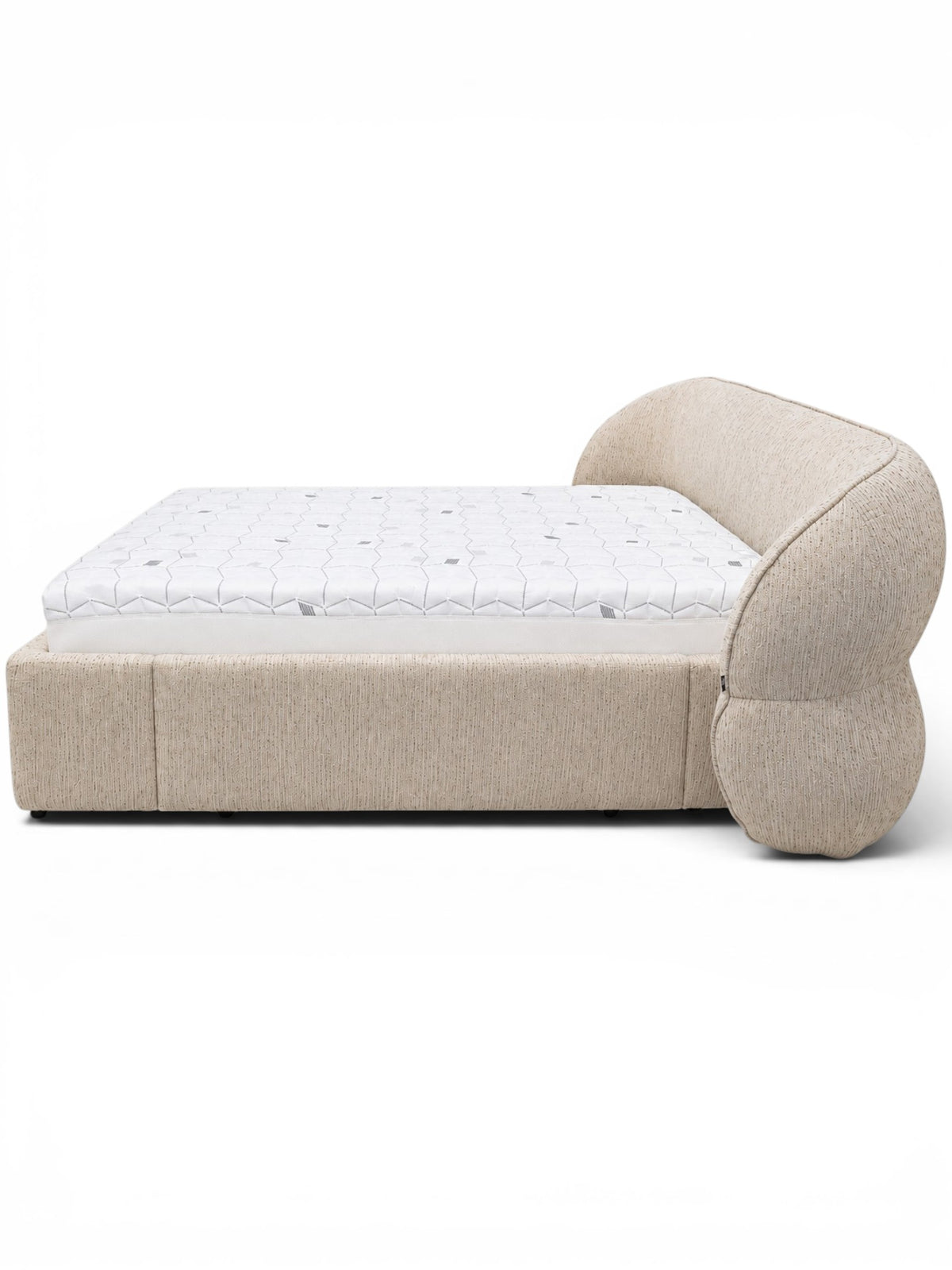 Cresta upholstered bed in beige fabric with curved wrap-around headboard, 160 × 200 cm modern bed frame with mattress base.