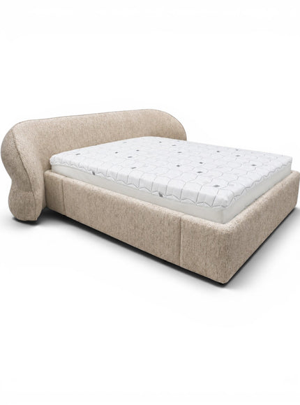 Cresta upholstered bed in beige fabric with curved wrap-around headboard, 160 × 200 cm modern bed frame with mattress base.