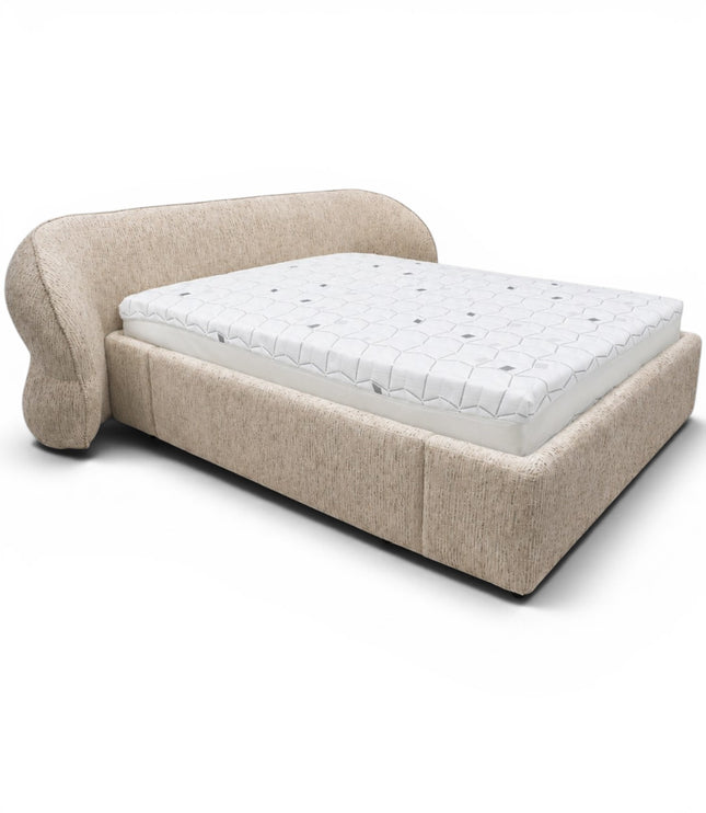 Cresta upholstered bed in beige fabric with curved wrap-around headboard, 160 × 200 cm modern bed frame with mattress base.