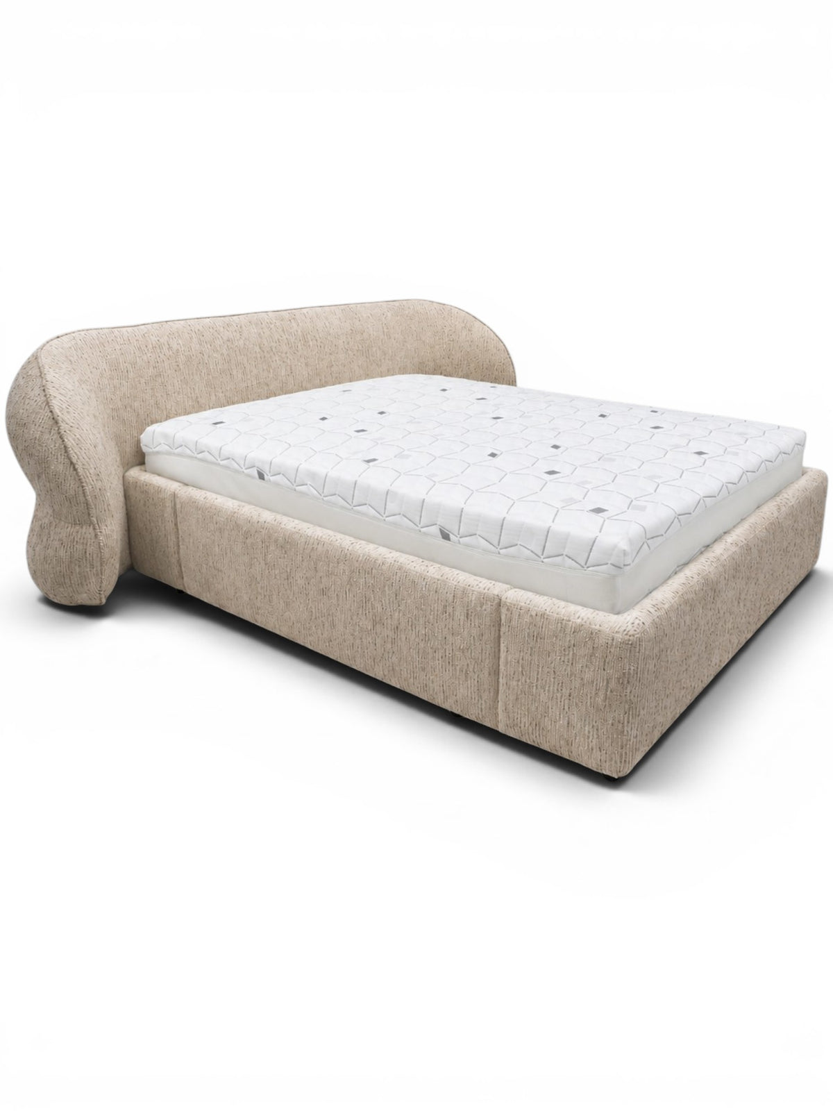 Cresta upholstered bed in beige fabric with curved wrap-around headboard, 160 × 200 cm modern bed frame with mattress base.