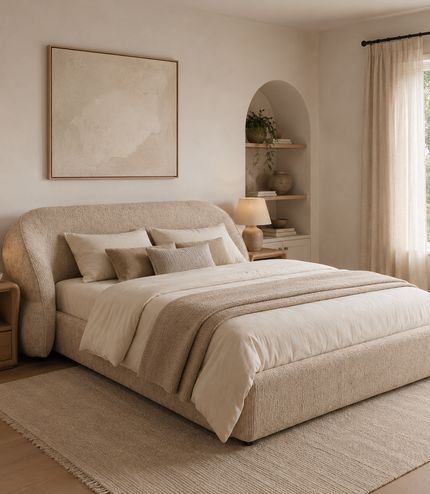 Cresta upholstered bed in beige fabric with curved wrap-around headboard, 160 × 200 cm modern bed frame with mattress base.