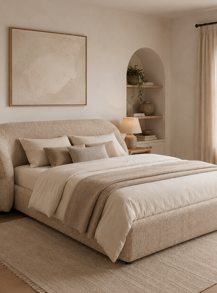 Cresta upholstered bed in beige fabric with curved wrap-around headboard, 160 × 200 cm modern bed frame with mattress base.