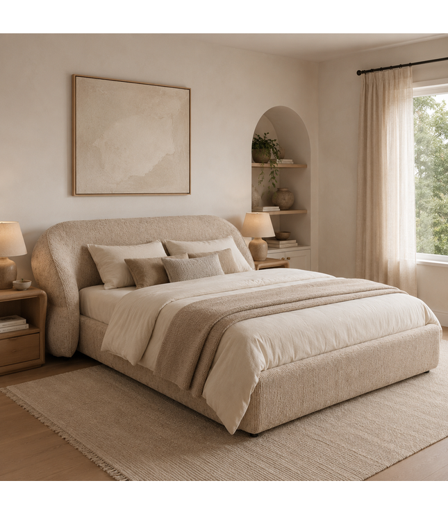 Cresta upholstered bed in beige fabric with curved wrap-around headboard, 160 × 200 cm modern bed frame with mattress base.