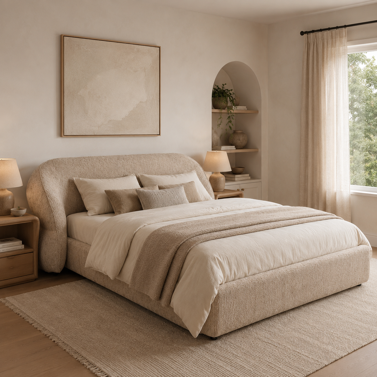 Cresta upholstered bed in beige fabric with curved wrap-around headboard, 160 × 200 cm modern bed frame with mattress base.
