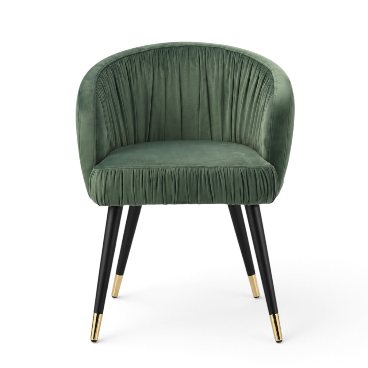 A green velvet barrel-style accent chair with black tapered legs and gold metal tips, shown against a plain white background.