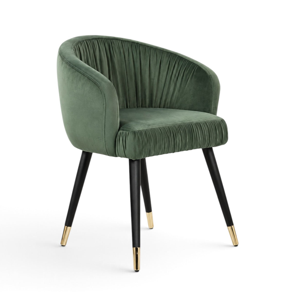 A green velvet barrel-style accent chair with black tapered legs and gold metal tips, shown against a plain white background.
