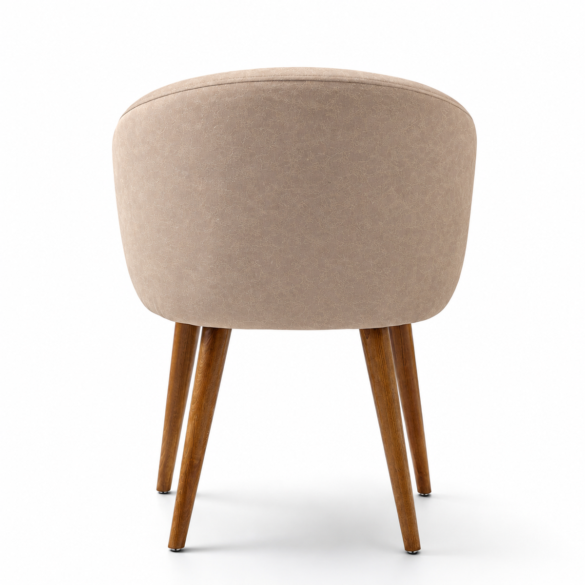 A modern barrel-style accent chair upholstered in a textured beige velvet fabric with a curved backrest and pleated detailing, supported by four tapered medium-brown wooden legs, shown on a clean white background.
