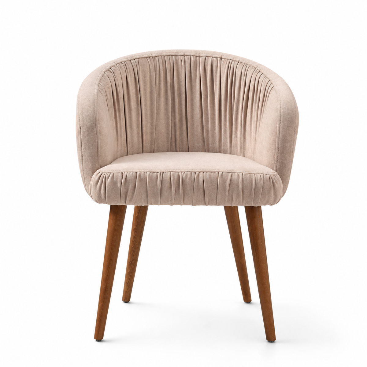 A modern barrel-style accent chair upholstered in a textured beige velvet fabric with a curved backrest and pleated detailing, supported by four tapered medium-brown wooden legs, shown on a clean white background.