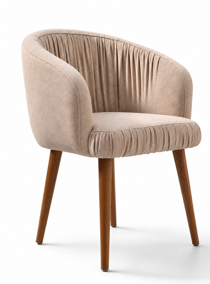 A modern barrel-style accent chair upholstered in a textured beige velvet fabric with a curved backrest and pleated detailing, supported by four tapered medium-brown wooden legs, shown on a clean white background.