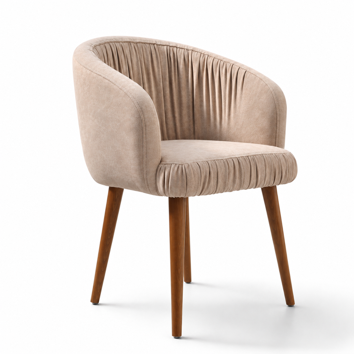 A modern barrel-style accent chair upholstered in a textured beige velvet fabric with a curved backrest and pleated detailing, supported by four tapered medium-brown wooden legs, shown on a clean white background.