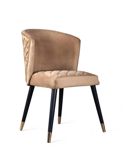 Elevate your interior with this diamond-stitched accent chair featuring a beige curved back, sleek black legs, and gold-tone accents—ideal for dining or vanity spaces.
