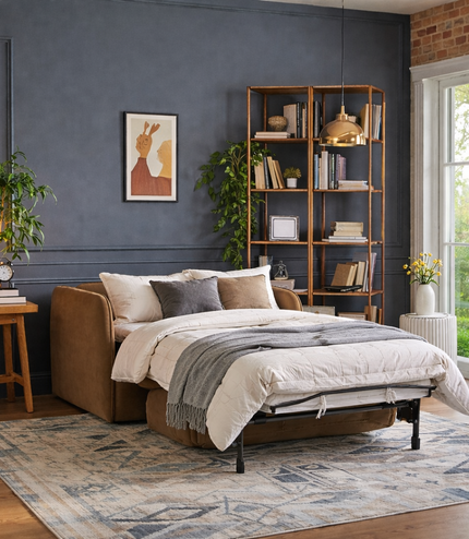 Brown sofa bed in a room with a bookshelf, plants, and a window.