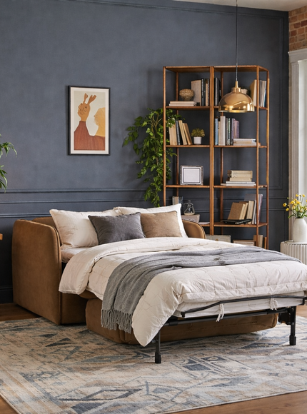 Brown sofa bed in a room with a bookshelf, plants, and a window.