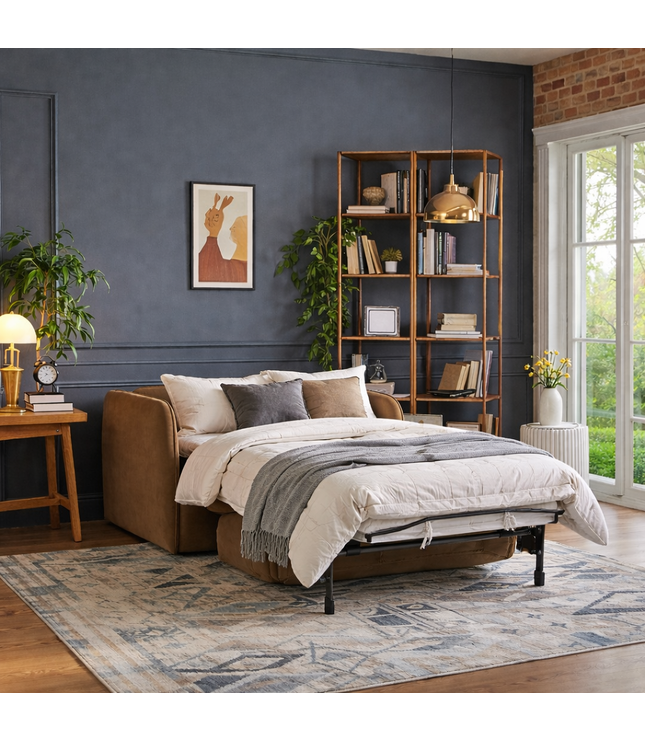 Brown sofa bed in a room with a bookshelf, plants, and a window.