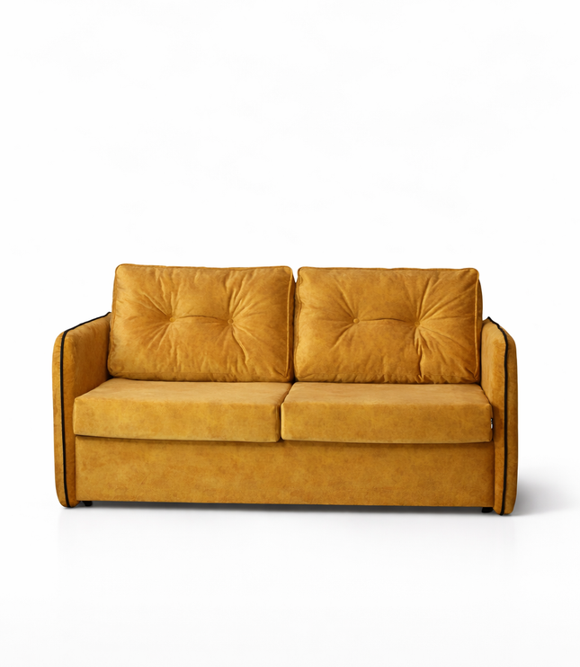 Convertible mustard yellow upholstered sleeper sofa with button-tufted cushions and metal fold-out bed frame — modern multifunctional sofa bed for guest or small spaces