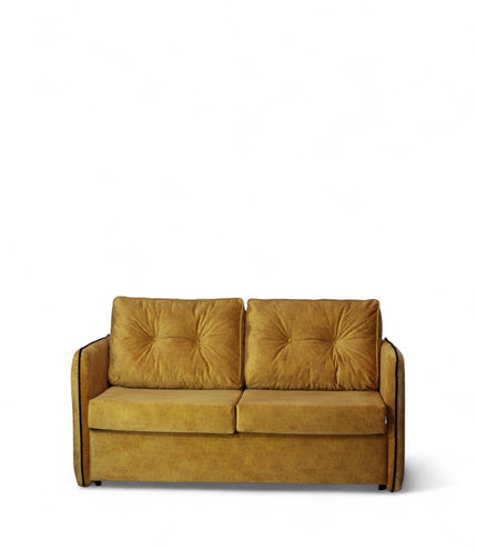 Convertible mustard yellow upholstered sleeper sofa with button-tufted cushions and metal fold-out bed frame — modern multifunctional sofa bed for guest or small spaces