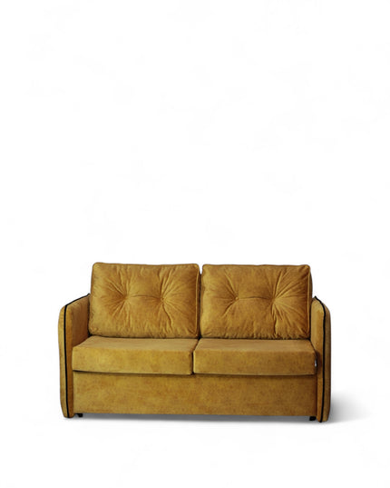 Convertible mustard yellow upholstered sleeper sofa with button-tufted cushions and metal fold-out bed frame — modern multifunctional sofa bed for guest or small spaces