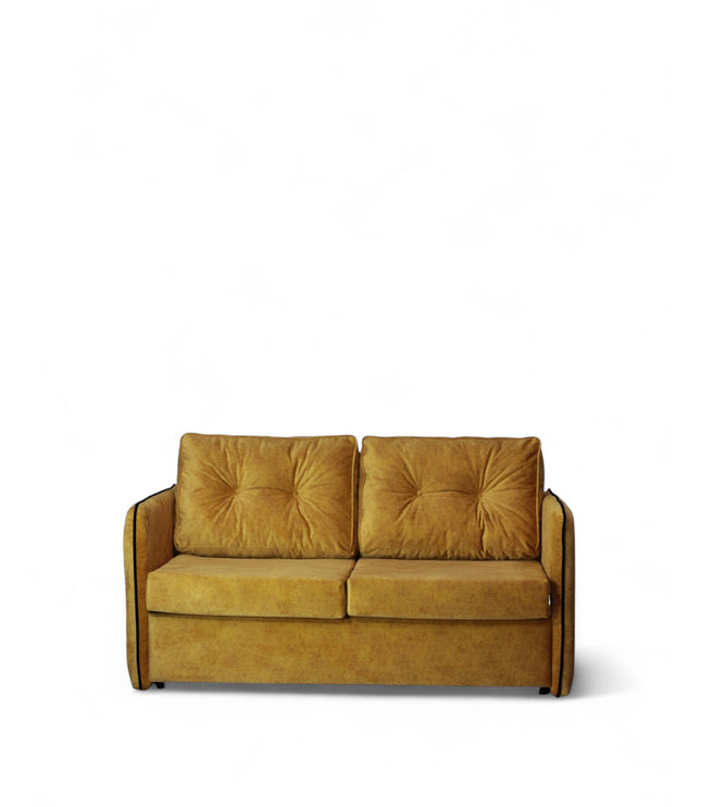Convertible mustard yellow upholstered sleeper sofa with button-tufted cushions and metal fold-out bed frame — modern multifunctional sofa bed for guest or small spaces