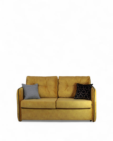 Convertible mustard yellow upholstered sleeper sofa with button-tufted cushions and metal fold-out bed frame — modern multifunctional sofa bed for guest or small spaces