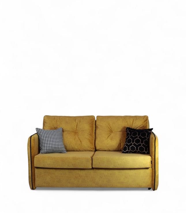 Convertible mustard yellow upholstered sleeper sofa with button-tufted cushions and metal fold-out bed frame — modern multifunctional sofa bed for guest or small spaces