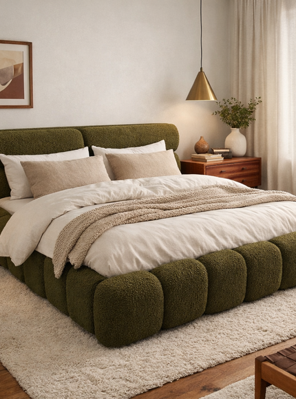 Modern bedroom with a green upholstered bed and wooden furniture.