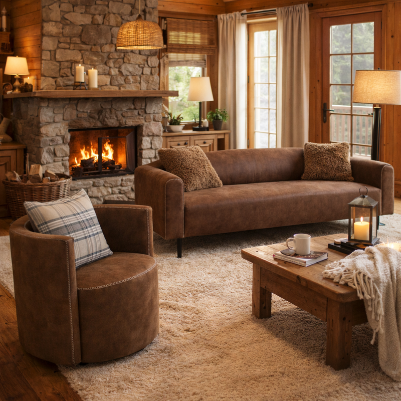 2 Corvyn Brown Leather Armchairs + Corvyn Sofa