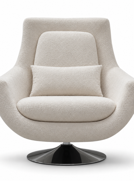 A modern swivel lounge chair upholstered in textured cream bouclé fabric, featuring a matching lumbar pillow and a glossy black circular swivel base, shown against a plain white background.