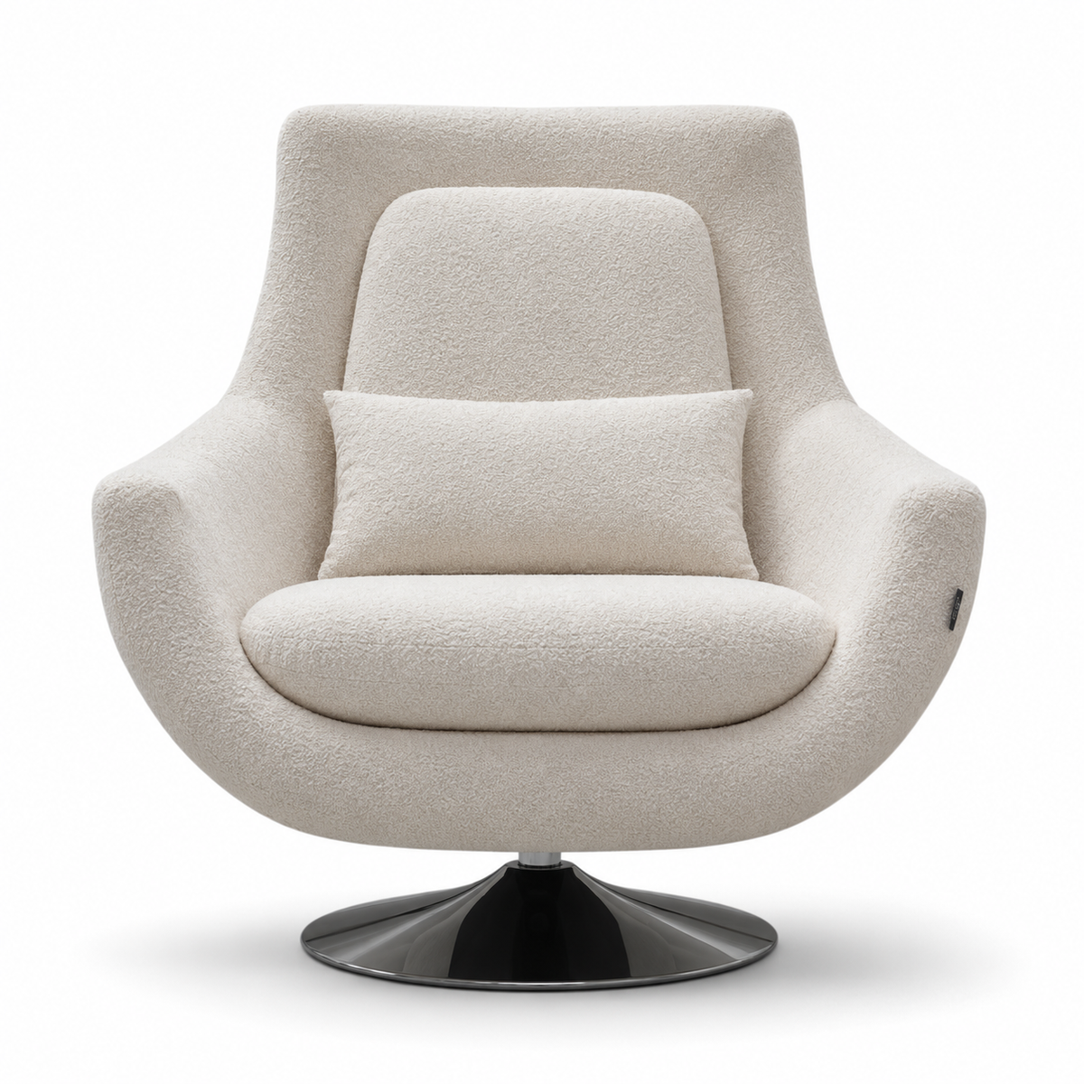 A modern swivel lounge chair upholstered in textured cream bouclé fabric, featuring a matching lumbar pillow and a glossy black circular swivel base, shown against a plain white background.