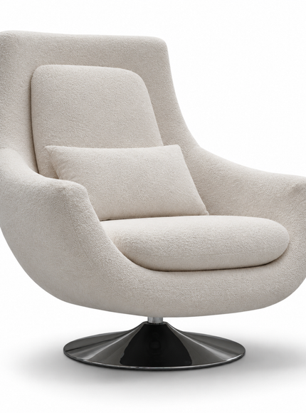 A modern upholstered swivel armchair in a textured cream bouclé fabric, featuring a matching lumbar pillow and a glossy black swivel base, shown against a plain white background.