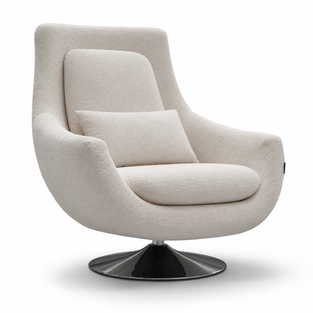 A modern upholstered swivel armchair in a textured cream bouclé fabric, featuring a matching lumbar pillow and a glossy black swivel base, shown against a plain white background.