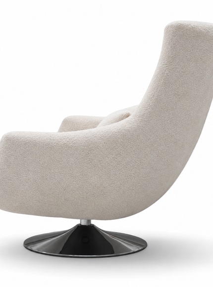 A modern curved upholstered swivel armchair in a textured cream bouclé fabric, mounted on a glossy black swivel base, shown from a three-quarters angle against a white background.