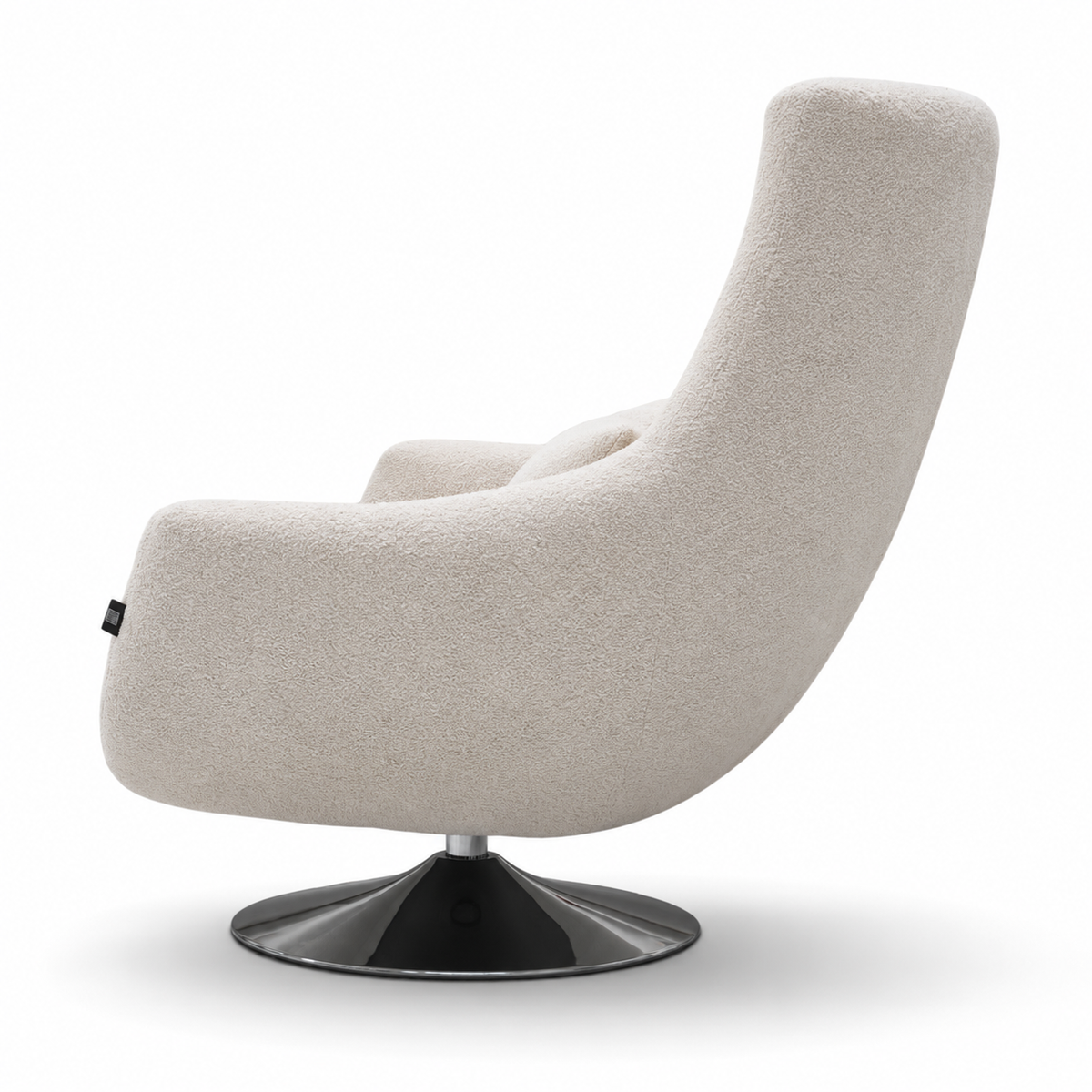 A modern curved upholstered swivel armchair in a textured cream bouclé fabric, mounted on a glossy black swivel base, shown from a three-quarters angle against a white background.