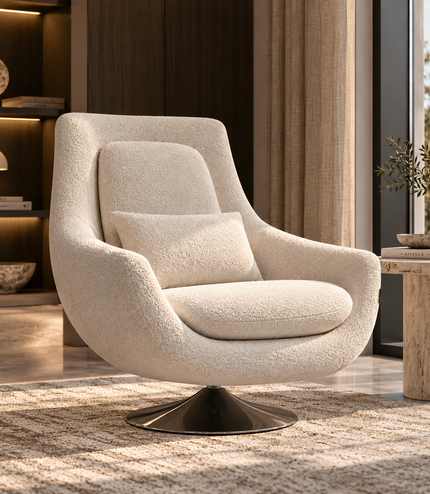 A modern swivel lounge chair upholstered in textured cream bouclé fabric with a matching back cushion, set on a dark metal swivel base in a warm, contemporary living room.