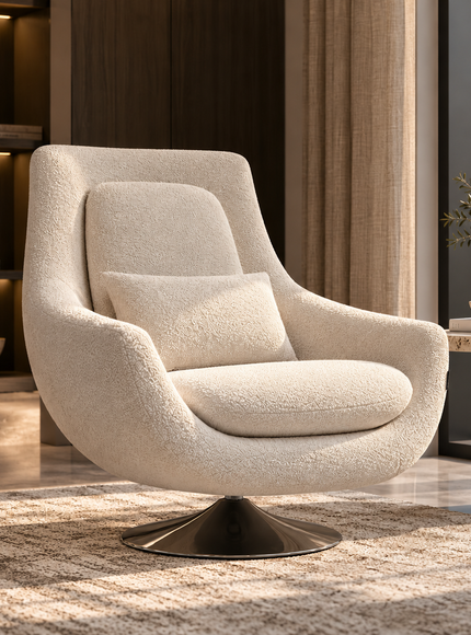 A modern swivel lounge chair upholstered in textured cream bouclé fabric with a matching back cushion, set on a dark metal swivel base in a warm, contemporary living room.