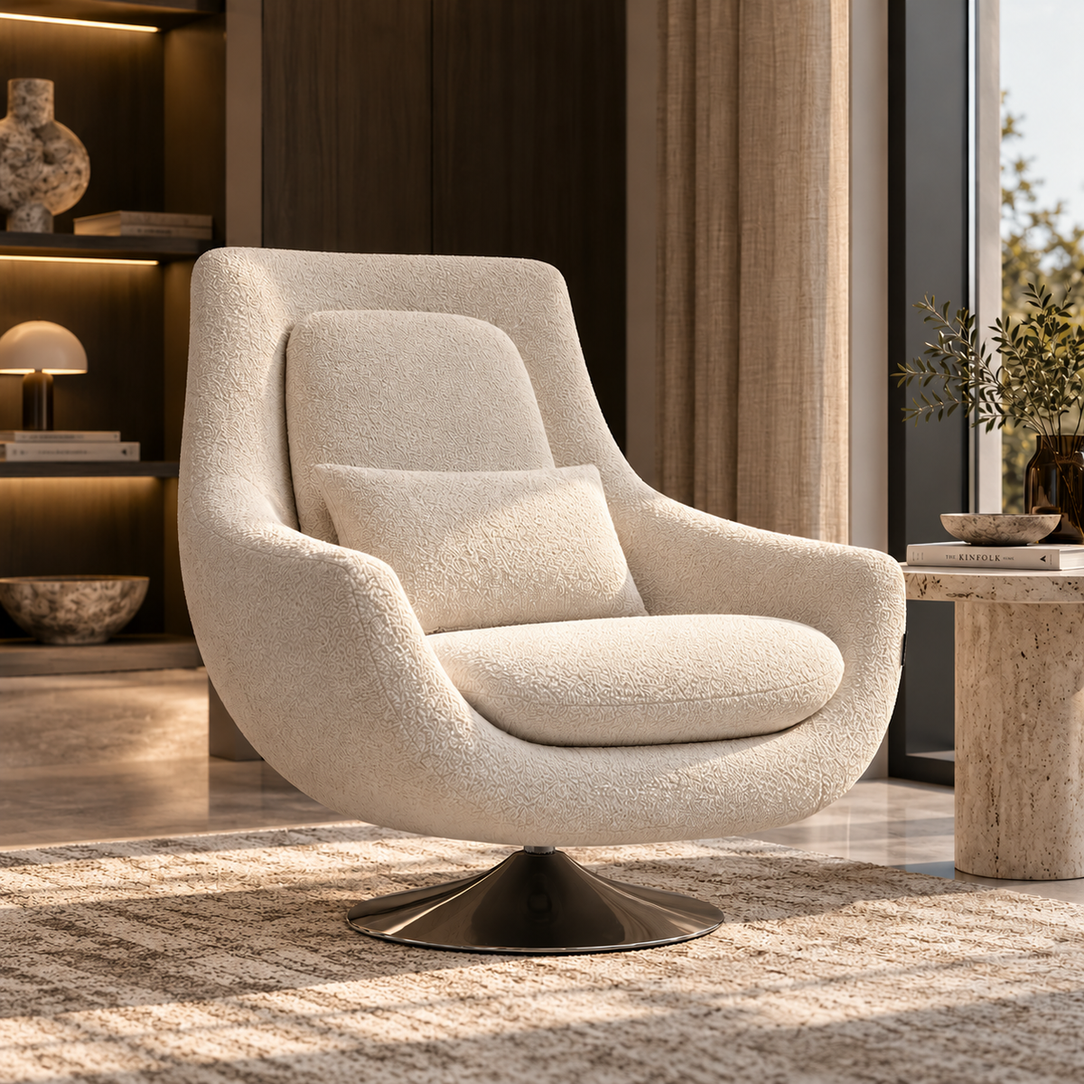 A modern swivel lounge chair upholstered in textured cream bouclé fabric with a matching back cushion, set on a dark metal swivel base in a warm, contemporary living room.