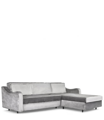 Grigio Sofa Bed in grey velvet fabric with L-shaped layout; shown as full bed with storage open, sofa configuration with back cushions, and angled view highlighting modern armrests and matte black legs.