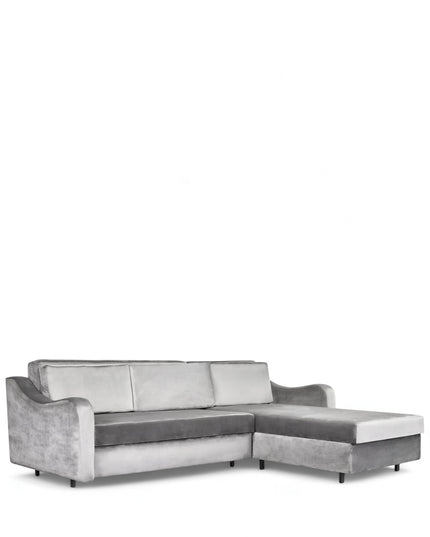 Grigio Sofa Bed in grey velvet fabric with L-shaped layout; shown as full bed with storage open, sofa configuration with back cushions, and angled view highlighting modern armrests and matte black legs.