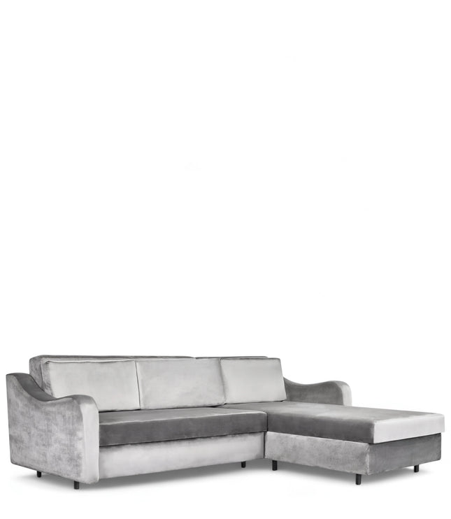 Grigio Sofa Bed in grey velvet fabric with L-shaped layout; shown as full bed with storage open, sofa configuration with back cushions, and angled view highlighting modern armrests and matte black legs.