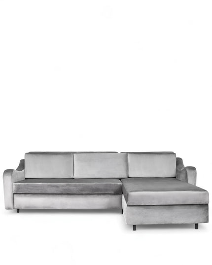 Grigio Sofa Bed in grey velvet fabric with L-shaped layout; shown as full bed with storage open, sofa configuration with back cushions, and angled view highlighting modern armrests and matte black legs.