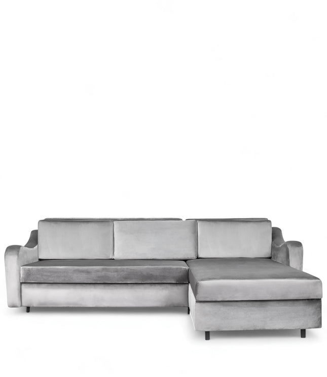 Grigio Sofa Bed in grey velvet fabric with L-shaped layout; shown as full bed with storage open, sofa configuration with back cushions, and angled view highlighting modern armrests and matte black legs.