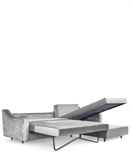 Grigio Sofa Bed in grey velvet fabric with L-shaped layout; shown as full bed with storage open, sofa configuration with back cushions, and angled view highlighting modern armrests and matte black legs.