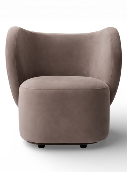 Brown chair with a unique, rounded design on a white background