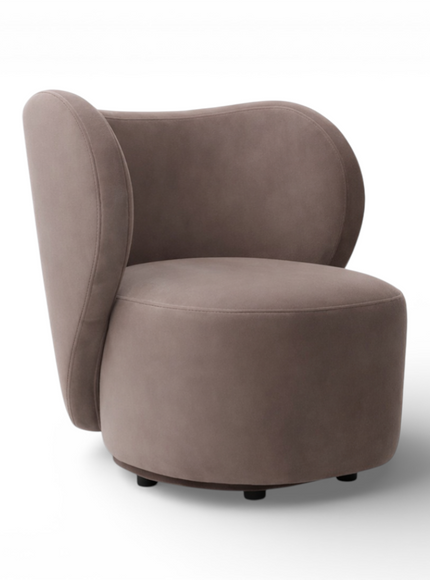 Brown chair with a unique, rounded design on a white background