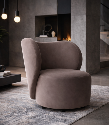 Brown chair with a unique, rounded design on a white background