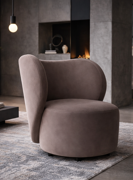 Brown chair with a unique, rounded design on a white background