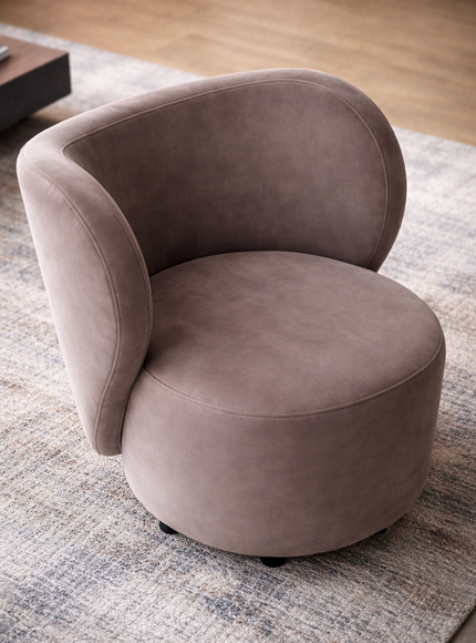 Brown chair with a unique, rounded design on a white background