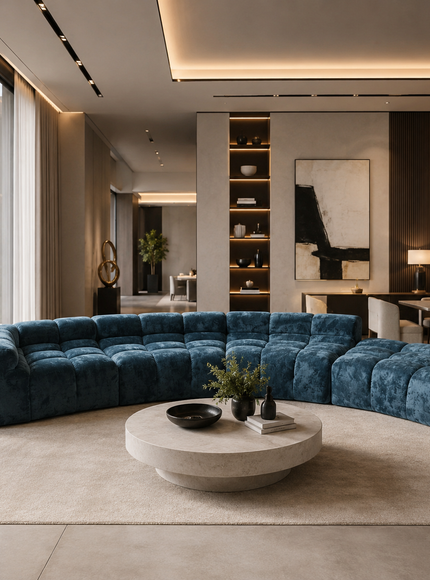 A modern curved sectional sofa upholstered in deep teal velvet, arranged in a spacious contemporary living room with a round stone coffee table and large windows.