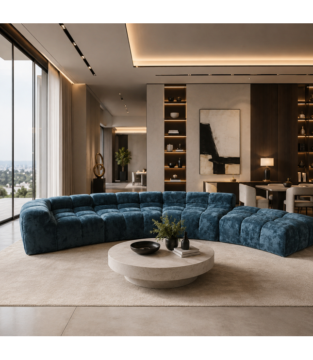 A modern curved sectional sofa upholstered in deep teal velvet, arranged in a spacious contemporary living room with a round stone coffee table and large windows.